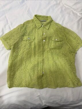 Lime Green Tropical Floral Short-Sleeve Button-Up Linen Shirt